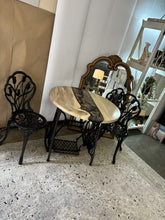 Load image into Gallery viewer, Live Edge Poplar Wood, Resin, and Dried Flower Bistro Table with Two Metal Chairs