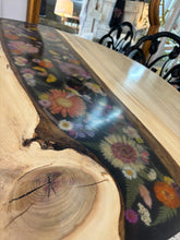 Load image into Gallery viewer, Live Edge Poplar Wood, Resin, and Dried Flower Bistro Table with Two Metal Chairs
