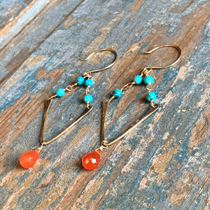 Orange Crush / Hammered Gold and Gemstone Dangle Earrings