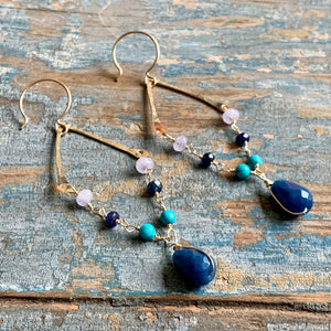 Hammered Gold and Gemstone Dangle Earrings