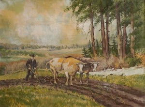 Antique "Cows Ploughing a Field" Original Art