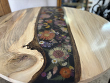 Load image into Gallery viewer, Live Edge Poplar Wood, Resin, and Dried Flower Bistro Table with Two Metal Chairs
