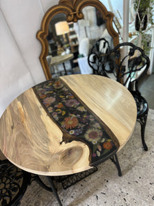 Live Edge Poplar Wood, Resin, and Dried Flower Bistro Table with Two Metal Chairs