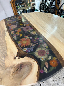 Live Edge Poplar Wood, Resin, and Dried Flower Bistro Table with Two Metal Chairs