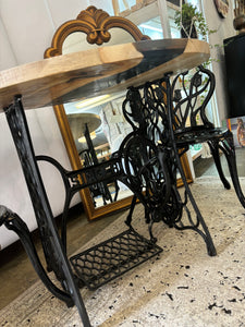 Live Edge Poplar Wood, Resin, and Dried Flower Bistro Table with Two Metal Chairs