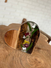 Load image into Gallery viewer, Handmade Walnut Wood, Resin, and Dried Flowers Heart Artwork
