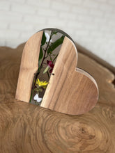 Load image into Gallery viewer, Handmade Walnut Wood, Resin, and Dried Flowers Heart Artwork
