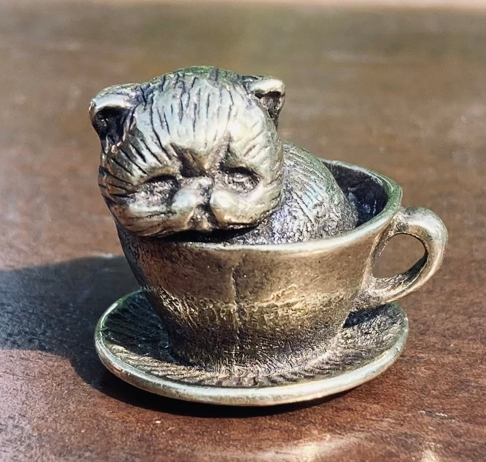 Miniature Brass Kitten in Teacup Figurine