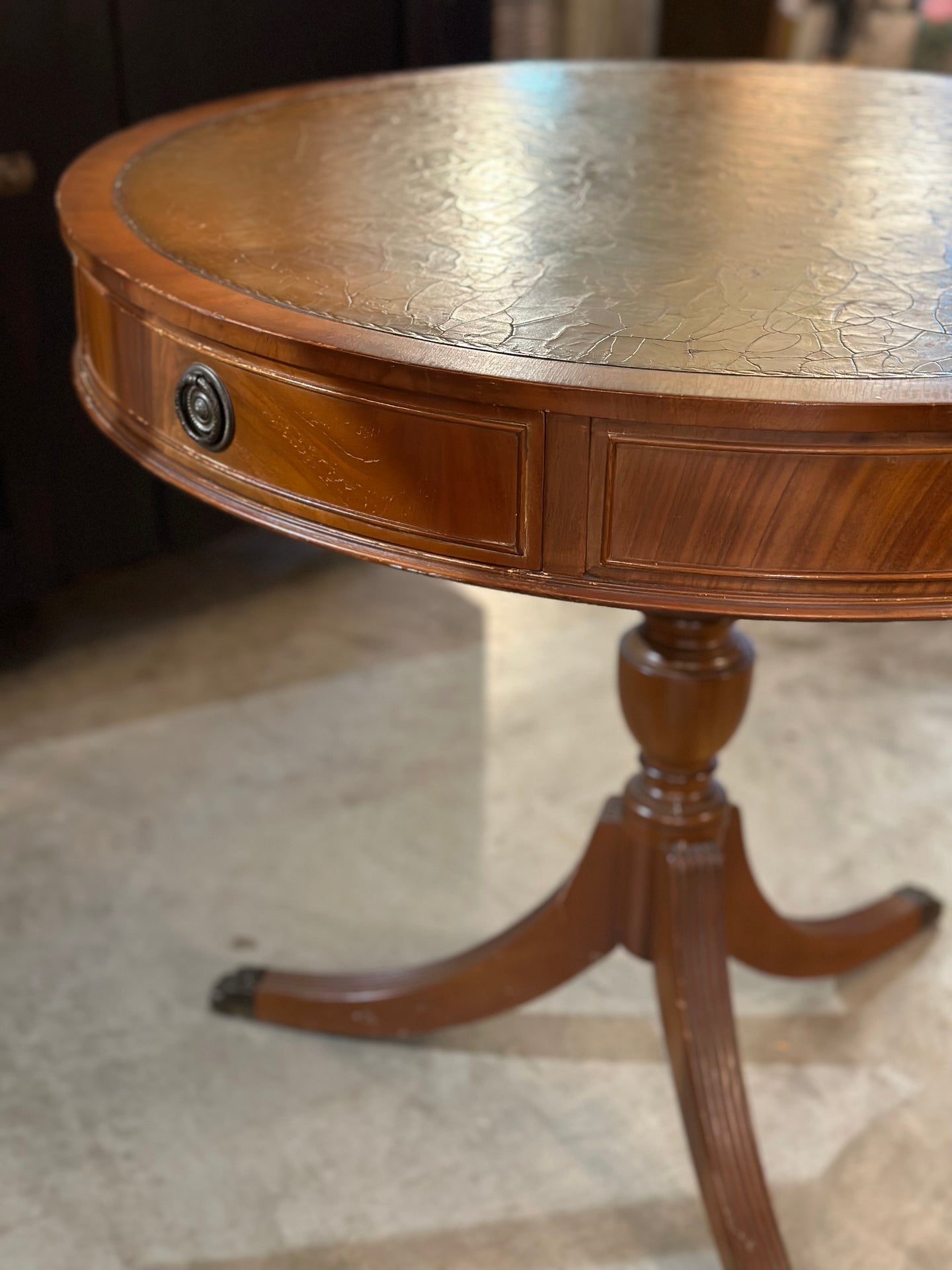 Vintage Tooled Fruitwood Drum Table