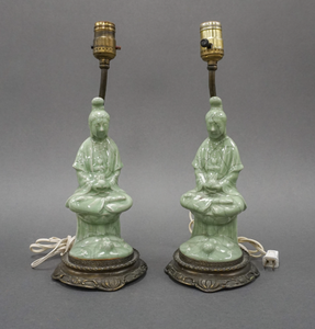 Vintage Celadon Glazed Figure Lamp Pair