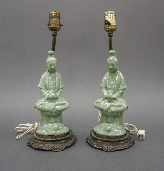 Vintage Celadon Glazed Figure Lamp Pair
