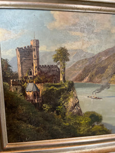 Antique European Castle w/ Steamboat Original Art