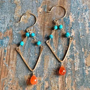 Orange Crush / Hammered Gold and Gemstone Dangle Earrings