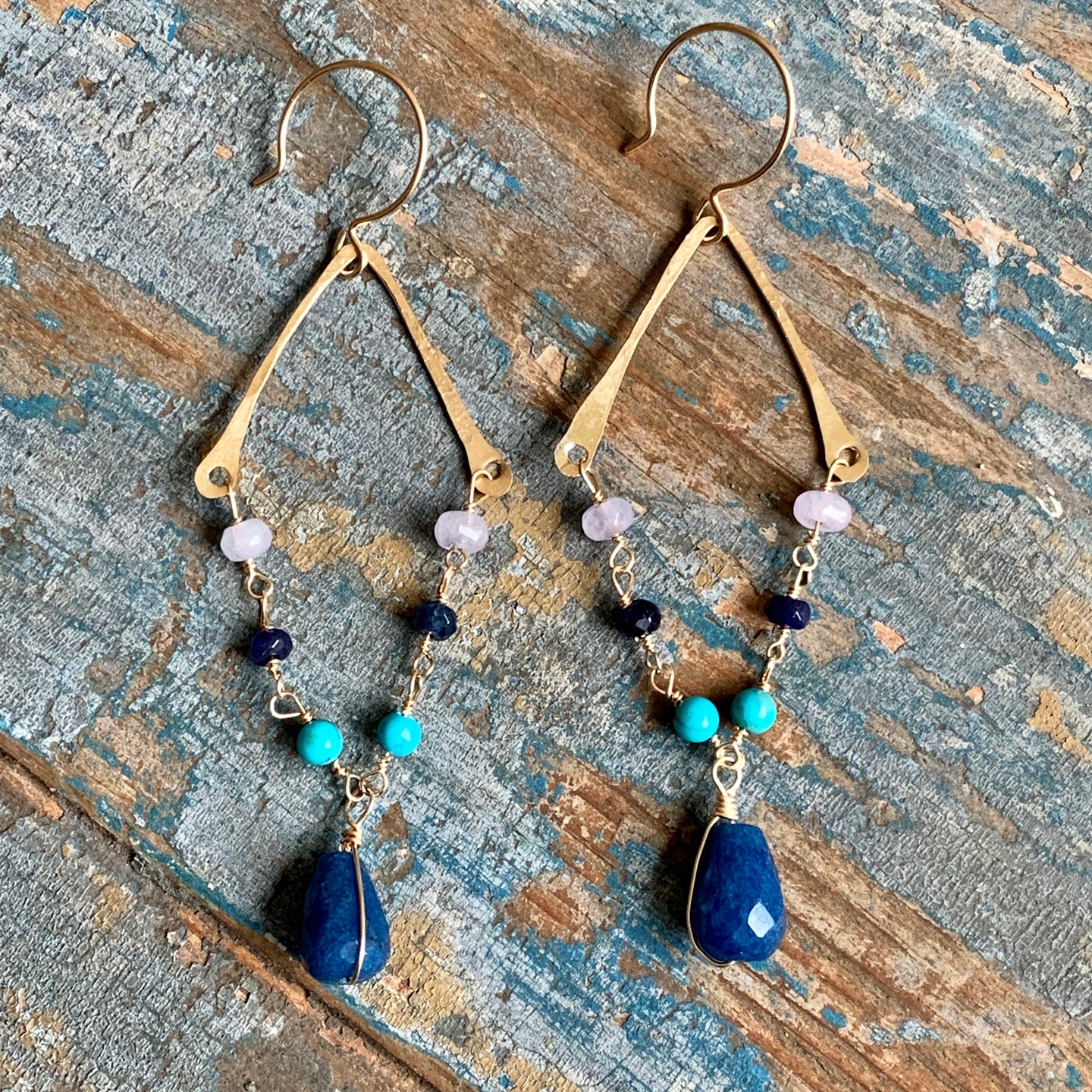 Hammered Gold and Gemstone Dangle Earrings